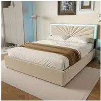 Furnishings Home Polsterbett Doppelbett Stauraumbett LED (Vier extra große Schubladen unter dem Bett), Mit LED-Beleuchtung, Lattenrost, Leinen, 160x200 cm