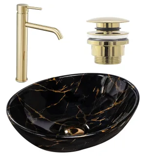 Neuesbad Set Aufsatzwaschtisch Sofia marble black + Waschbeckenarmatur Lungo gold + Ablaufgarnitur g NB1RE70311