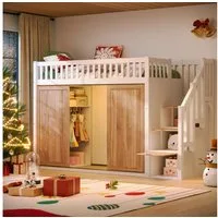 Flieks Hochbett Kinderbett 90x200cm mit LED-Beleuchtung Kleiderschrank Stauraumtreppe