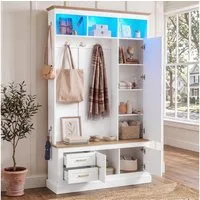 Merax Garderoben-Set mit LED-Beleuchtung per App, 110x32x180 cm, (Garderobenschrank Kompaktgarderobe, 1-St), Flurgarderobe mit Schuhschrank, Haken, Spiegel & Sitzbank