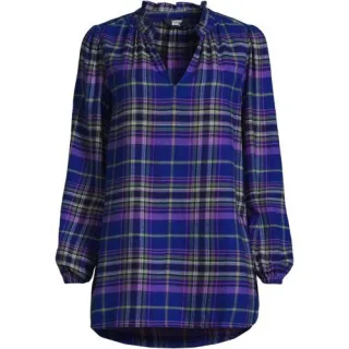 Hemdbluse aus Flanell mit Rüschenkragen, Damen,  Blau, Viskose/Baumwoll-Mischung/Viskose-Mischung, by Lands' End