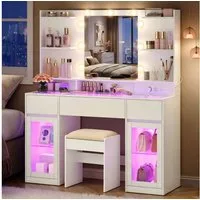 VASAGLE Schminktisch mit Spiegel, RGB-Beleuchtung und Steckdose, 107 x 40 x 144,5 cm (1 Tisch mit 1 Hocker), Holzspanplatte und Glas, mit 2 Schränken, Weiß, für Schlafzimmer