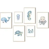 MeinBaby123® Poster Kinderzimmer Meerestiere,  Kinderzimmer Deko, Kinderzimmer Bilder, Unterwasserwelt, süßer Wal, Schildkröte, Qualle