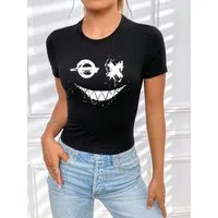 RMK T-Shirt Damen Shirt Top Sommer Basic Rundhals Smily Smiley