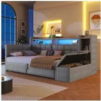 Merax Daybett mit LED Lichtleiste, USB, Typ-C & Bettkasten, Samt (Schlafsofa Sofabett Jugendbett Kinderbett Einzelbett, 1 tlg), Tagesbett 90x200cm mit hydraulischem Stauraum,Ablagefach,Stauraumbank