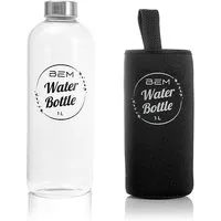 BEM Trinkflasche Water Bottle aus Glas mit Edelstahldeckel, BPA-frei Spülmaschinenfest Silikonhülle Borosilikatglas Wasser Flasche