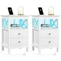 Yaheetech Nachttisch mit Steckdosen & Verstellbarer LED-Beleuchtung (2-St), Beistelltisch mit 2 Schubladen & 1 offene Ablage