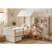LVHOM Hausbett 90x200,Schreibtisch,Schubladen mit Rollen,Rausfallschutz & Lattenrost (Spar-Set, L-förmig, Schreibtisch, Bücherregal, 1 Schubladen, Naturholz), Multifunktionales Hausbett aus Massivholz in Weiß