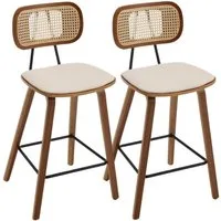 WAHSON OFFICE CHAIRS Barhocker 2er Rattan Barhocker mit PU Leder und Holzbeinen für Küche/Wohnzimmer