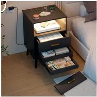 LVSOMT Nachttisch mit Geheimfach und LED, Drahtloses Laden, USB, Type-C (1-St., mit zwei Schubladen und einer versteckten Schublade), 40T x 45B x 65H, weiß/schwarz/grau