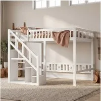 FUROKOY Etagenbett Kinderbett Hochbett mit Treppe und Absturzsicherung, Holzbett 90x200cm,Rausfallschutz und Holzlattenrost,Kiefer, Weiß