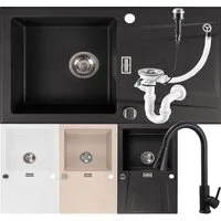 Homeline Küchenspüle Granitspüle Sikma Schwarz Weiß Beige Grau Küchenspüle 76x44 cm, Eckig, 76/44 cm, (Spar-Set, 3 St., Als Set), Granit, ausziehbare Wasserhahn
