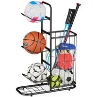 relaxdays Sportgeräte-Regalwagen Ballständer mit 3 Ablagen und Korb, schwarz