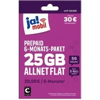 Ja! Mobil Prepaid 6-Monats-Paket Simkarte mit 30 € Startguthaben Prepaidkarte, (18 GB mit 5G plus Allnet-Flat, EU-Roaming inkl. Schweiz)