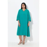 Ulla Popken Midikleid Leinenmix-Midikleid A-Linie V-Ausschnitt 3/4-Arm