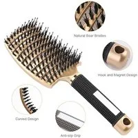 Forrlite Haarbürste Haarbürste, Profi Entwirrungsbürste mit Griff, Haarbürste ohne Ziepen, Wildschweinborsten Haarstyling Bürste für Locken Lange Feine Dicke Lockige Haare (Gold)