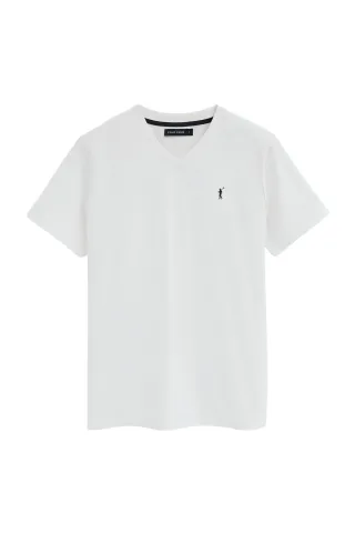 T-Shirt weiß mit V-Ausschnitt und Rigby Go Logo