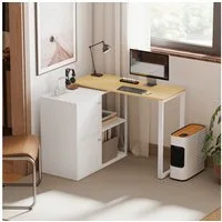 HOMCOM Schreibtisch L-förmig mit 2 Lagerschränken, 2 offenen Regalen, Computertisch (360° drehbarer Eckschreibtisch, 1-St., L-förmig Computertisch), für kleine Räume, Arbeitszimmer, Wohnzimmer, 150x40x75 cm, Weiß