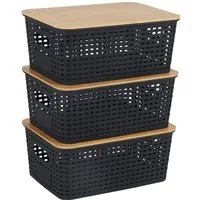 relaxdays Aufbewahrungsbox mit Bambusdeckel im Set, schwarz, 3er-Pack