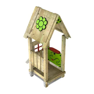 Robustes Spielhaus für Kindergarten und öffentliche Spielplätze - Kompakte Holz-Spielhütte mit Motorikwand für kleine Außenbereiche - Wickey
