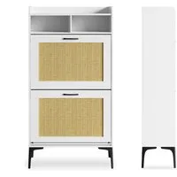 OUNUO Schuhschrank mit Rattan-Dekoration, 2 klappbare Schubladen, und Metallfüßen