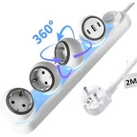 Luckice 360° drehbare Steckdosenleiste 3-Fach mit 3 USB(2 USB-C + 1 USB-A) Steckdosenleiste 3-fach (Schalter & LED Stimmungslicht, Wandmontage, Mehrfachsteckdose mit Überspannungsschutz, 2 m Verlängerungskabel), 3680W Steckdosenadapter für Zuhause, K