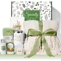 Futicare Pflege-Geschenkbox Geburtstagsgeschenke für Frauen, Selbstpflegegeschenke für Frauen mit Thermobecher, Kuschelsocken, Duftkerze, Badesalz, handgemachter Seife & Decke, –Geschenkidee für Muttertag, Valentinstag, Geburtstag oder Weihnachten