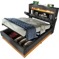 BlingBin Polsterbett Stauraumbett (1-tlg., hydraulischem Stauraum und Regal im Kopfteil, ohne Matratze), 90x200 cm mit LED-Beleuchtung, USB- & Typ-C-Ladefunktion