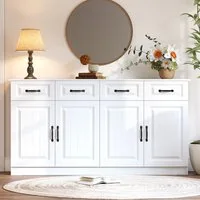 BlingBin Sideboard Kommode mit 4 Schubladen und 4 Türen, Beistellschrank - 35*80*160 cm (1er Set, 1 St., Tragfahigkeit: 60kg, Küchenschrank aus MDF mit 2 Ablageflächen), Aufbewahrungsschrank mit 8 Metallgriffen für Wohnzimmer & Küche, Weiß