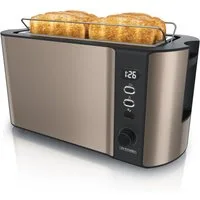 Arendo Toaster Edelstahl, Langschlitz, Display mit Restzeitanzeige, Krümelschublade, 2 lange Schlitze, für 4 Scheiben, 1500 W, Defrost Funktion, Wärmeisolierendes Gehäuse, mit Brötchenaufsatz