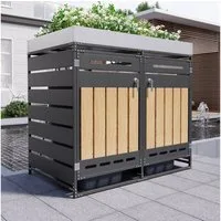 Merax Mülltonnenbox Abschließbar mit Pflanzkasten & vertikaler Holzmaserung für 2 Tonnen (Wetterfester Garten Aufbewahrungsschrank für Außenbereich, 1 St), 2 Fächer Mülltonnenverkleidung mit Belüftungsschlitzen, Metall