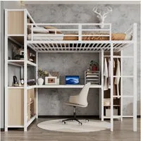 Odikalo Hochbett 140x200 Metallbett mit Schreibtisch Jugendbett Kinderbett (Eisenbett, Hochbett, Doppelstöckiger Stauraum unter dem Schreibtisch, Oberes Bett mit Stauraum, Mit Kleiderschrank, Eisen + Spanplatte, Schwarz / Weiß, 140x200cm) Stabile Lat