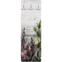 Bilderdepot24 Garderobenpaneel grau Blumen Floral Botanik Holzoptik Bretteroptik Tulpen-Rose Shabby (ausgefallenes Flur Wandpaneel mit Garderobenhaken Kleiderhaken hängend), moderne Wandgarderobe - Flurgarderobe im schmalen Hakenpaneel Design