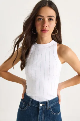 Gestreiftes Rippstrick-Crewneck-Crop-Top