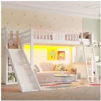 Flieks Hochbett Kinderbett Einzelbett 90x200cm mit LED-Leiste, Rutsche mit Regale