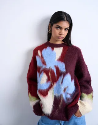 topshop - TSIVY FLOWER KNIT PULLOVER Burgundy - Gr. - L