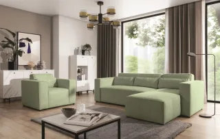 Ecksofa Schlafsofa inkl. Sessel WALDO Stoff Brooklyn Hellgrün Ottomane Rechts