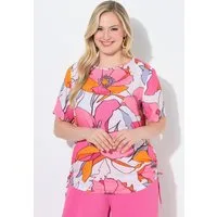 Ulla Popken Longbluse Bluse Blüten Raffbänder Rundhals Halbarm