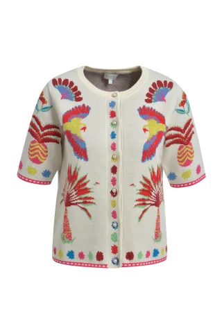 Milano Italy - roundneck cardigan w placket + 1/2 sleeve sand print - Gr. - XL