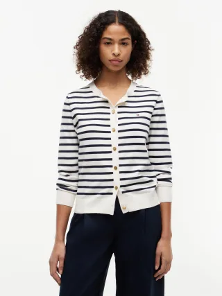 CO JERSEY FINE GG C-NK LS CARDI Ivory Petal/Dark N Navy Breton Stp - Gr. - M