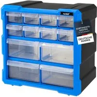 HMF Sortimentskasten Sortierbox für Kleinteile mit 12 Schubladen, Sortimentskasten für, Schrauben und Werkzeug, 24 Fächer, 26,5 x 26,5 x 16 cm, Blau-Schwarz