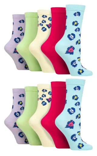 Wildfeet - 10er Pack Damen Bambus Crew Socken mit Punkten, Leoparden- und Blumenmuster - Multicolour