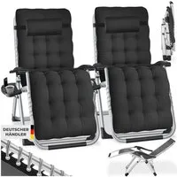 tectake Gartenstuhl Sonnenliege, klappbar, Belastbarkeit je 200 kg, 84 x 168 x 82,5 cm (Terrassenstuhl Cloud für Außen in Schwarz, 2 St), widerstandsfähig, Sitz- und Kopfpolster, verstellbar inkl. Ablagetisch