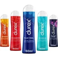 durex Gleitgel Play Perfect Glide & Strawberry & Wärmend & Prickelnd & Play Feel, Ausprobierpaket, 5-tlg., für verschiedenste Erlebnisse (5 x 50ml)
