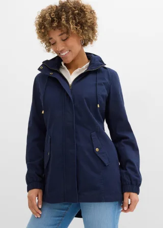 bonprix Baumwoll-Übergangsparka mit bedruckter Kapuze, blau, Gr.38, Lässiger Parka mit seitlichen Taschen aus Baumwolle, aus 100% Baumwolle