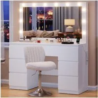 HOMALL Schminktisch Großer Schminktisch, Maße 115/120 x 40 x 140 cm, mit Schmuckschrank (LED-Beleuchtung und Steckdosen, 105 cm groBer Spiegel, mit 7 Schubladen, optional mit Hocker)