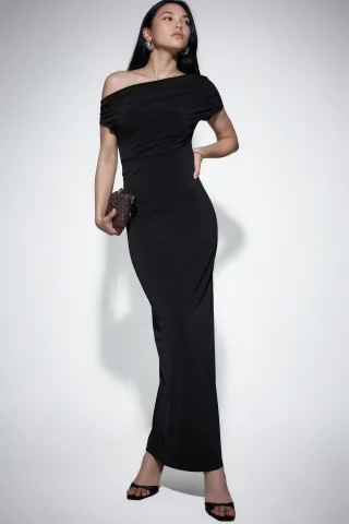 Asymmetrisches Kragen Slim Fit Maxikleid