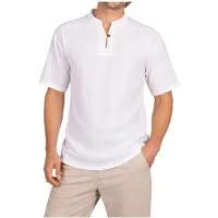 PANASIAM Kurzarmhemd Fischerhemd Herren - Fisherman Shirt aus 100% Baumwolle ohne Kragen Leichtes Sommerhemd mit Henley Ausschnitt auch als Mittelalterhemd