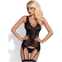 Obsessive Set: Bügelloser BH Spitzen Dessous-Set mit Strumpfhaltern - schwarz (2-tlg)