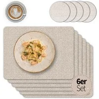 matches21 HOME & HOBBY Platzset Tischsets mit Glasuntersetzer 6er Set Beige Leinen Stoff-Optik, (6-St), Abwaschbare hitzebeständige PVC Platzsets